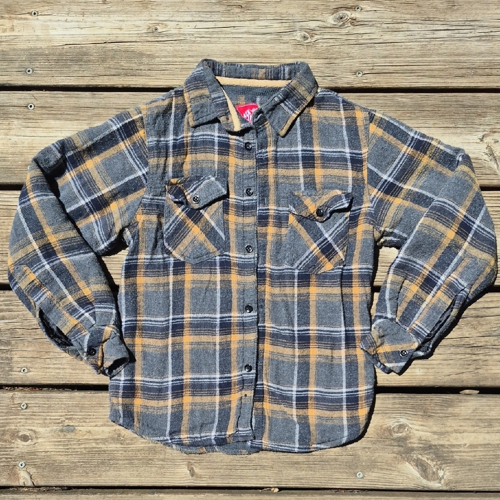 Children's Plaid Button-Up Shirt-jacket Charcoal and Mustard